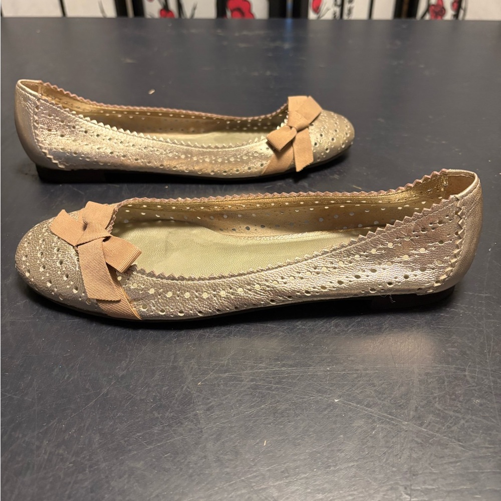 Talbots Metallic Gold Flats with Tan Bow